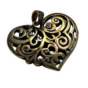 Gold filigree style puffy heart pendant openwork statement jewelry romantic